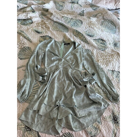 Lulus Geo My! Mint Blue Embossed Satin Tiered Long Sleeve Romper Size Small - Picture 1 of 7